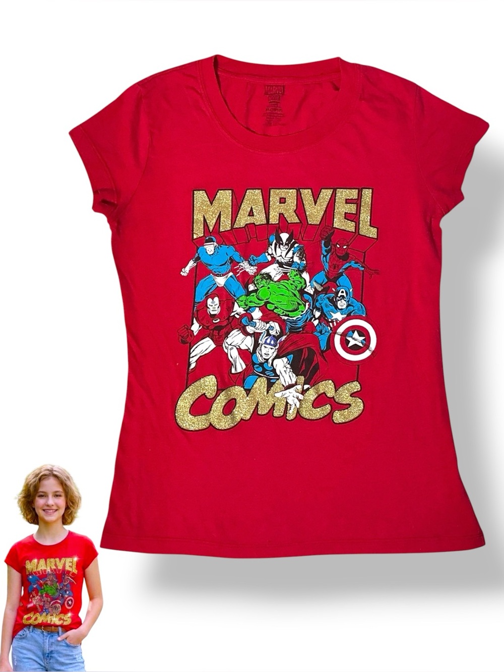 Marvel Freeze Red T Shirt Gold Glitter Vintage Y2K Tee Girls  XL 15/17